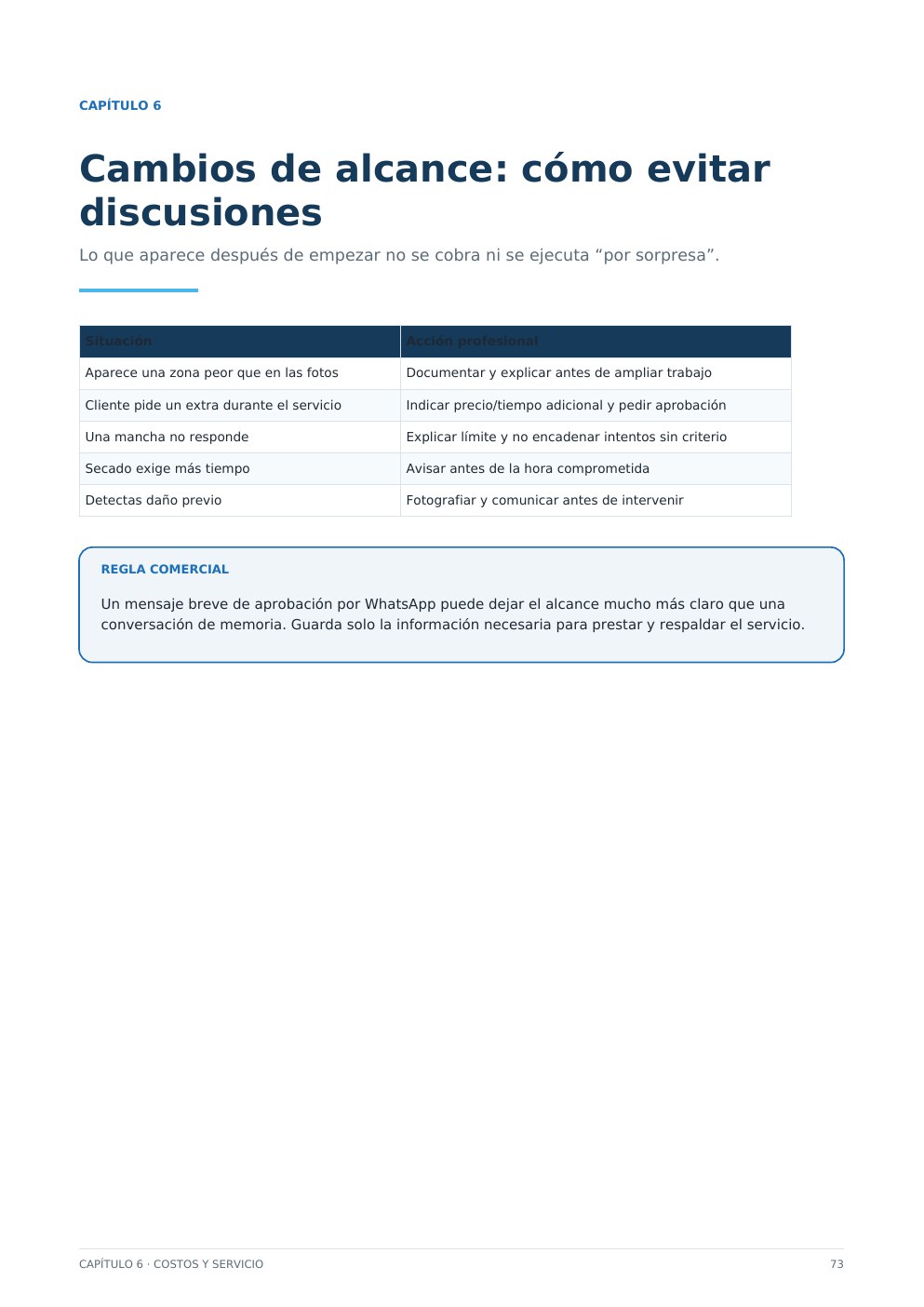 Página de costos y servicio
